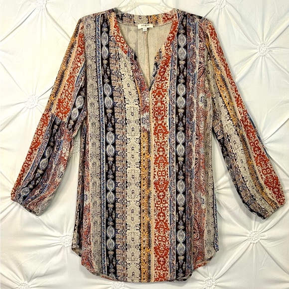 Umgee Boho Print Split-Neck Short Sleeve Top